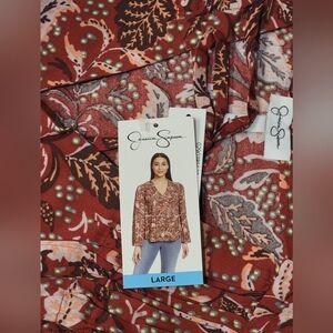 Jessica Simpson Mother Nature Wimens Size Large Long Bell Sleeve Leaf Print Top